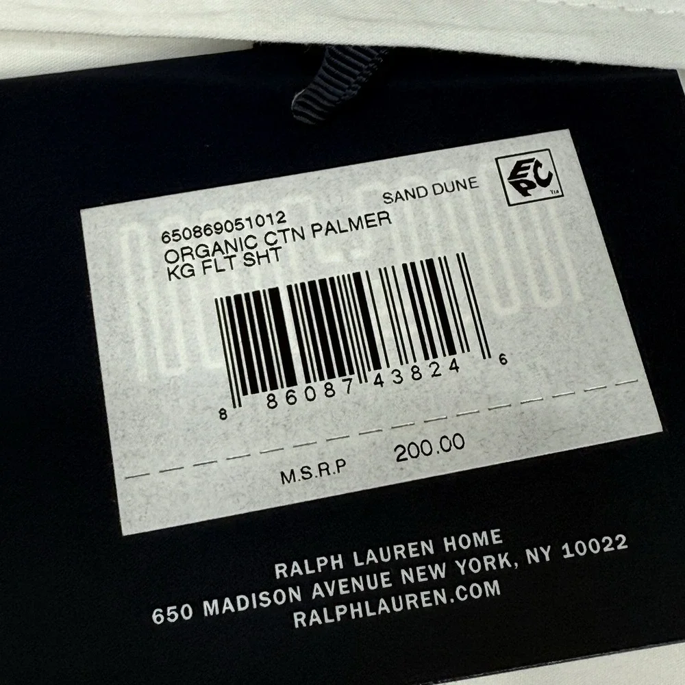 Ralph Lauren Organic Cotton Percale Palmer King Flat Sheet White Sand NEW $200‎